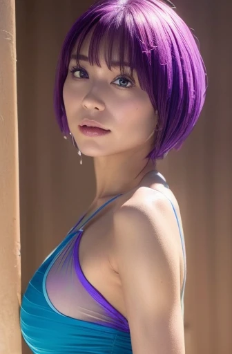 1girl, solo, breasts, blush, short hair, bangs, cleavage, medium breasts, closed mouth, collarbone, upper body, purple hair, nose blush, crossed arms, spiked hair, genderswap, covering, genderswap (mtf), covering breasts, tiles, retro artstyle, tile wall