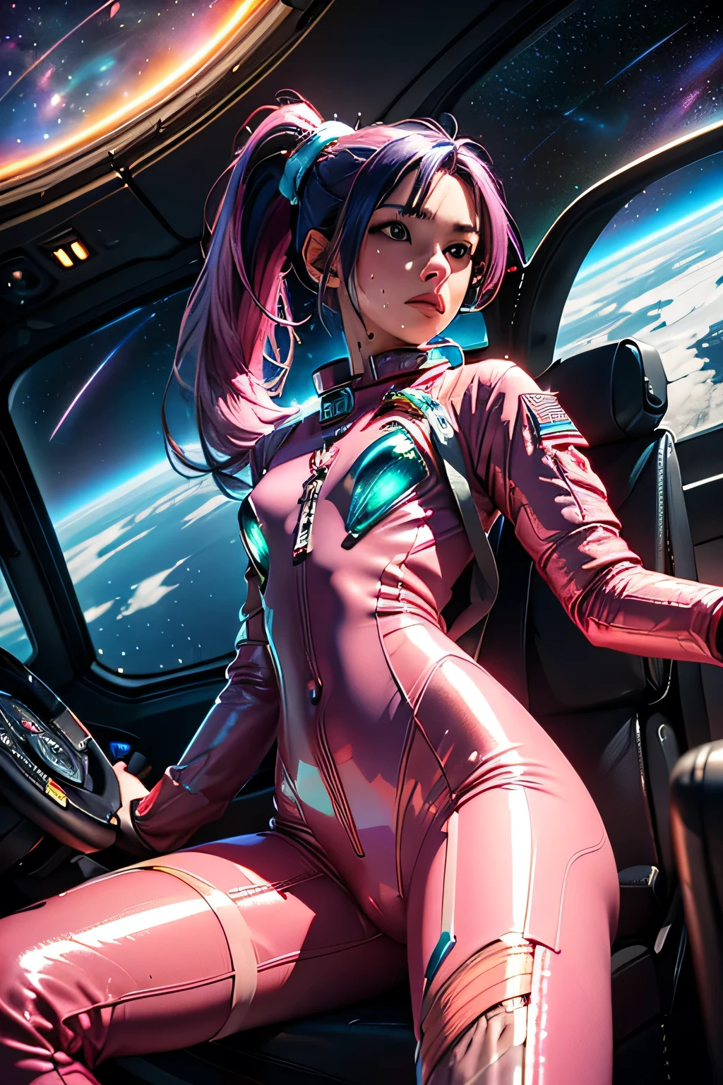 egirl as nude harlequin, long pink and blue hair with a choker in the background, synth wave color palette, trending on artstation, trending on CGSociety, Intricate, High detail, sharp focus, dramatic, full body shot from behind on a ship on the moon looking out the window, trend on tiktok