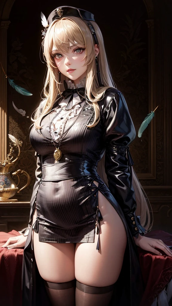 a goth picture of Barbie as a gothic queen (best details, Masterpiece, best quality :1.5), ultra detailed face (best details, Masterpiece, best quality :1.5), ultra feminine (best details, Masterpiece, best quality :1.5), wearing latex black mini dress, black stockings, pink high heels, long braided hair, hair pulled back, blond hair, dynamic goth background (best details, Masterpiece, best quality :1.5), ultra best realistic pictures , best details, best quality, 16k, [ultra detailed], masterpiece, best quality, (extremely detailed), ultra wide shot, photorealism, depth of field, hyper realistic painting