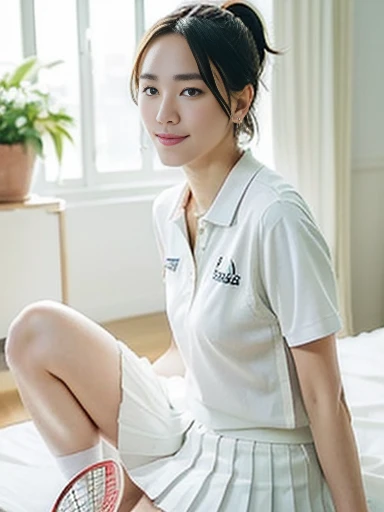 (Masterpiece, Best quality: 1.2), (Ultra realistic, Photo-realistic: 1.2), Full body, Slender body, From above, From side, Sitting, (Seductive pose: 1.2), Bedroom eyes, (Beautiful thighs: 1.1), Natural light, 28 years old actress, Japanese women, Neat and clean, (Ponytail short wavy hairstyle: 1.1), Short wavy hair, ((Wearing white tennis uniform, White short-sleeve polo shirt: 1.2)), (unbutton: 1.3), ((Wearing White tennis pleated skirt: 1.3)), Wearing white sock, (Beautiful face), Oval face, clear, Beautiful eyes, Kind eyes, Clear skin, Small face, Beautiful mouth, Small mouth, Natural makeup, Approachable, Seductive smile, Embarrassed, Blush, Luxury hotel Suite room, On bed,