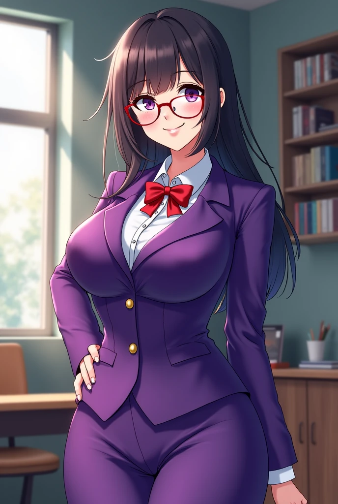 Your influencer character(sexy milf boobs) with long, dark hair dancing on a University Classroom, study table is full of books and notes . She is dressed in a University themed dress with glasses and has a joyful expression on her face. colourful and bright colouring.