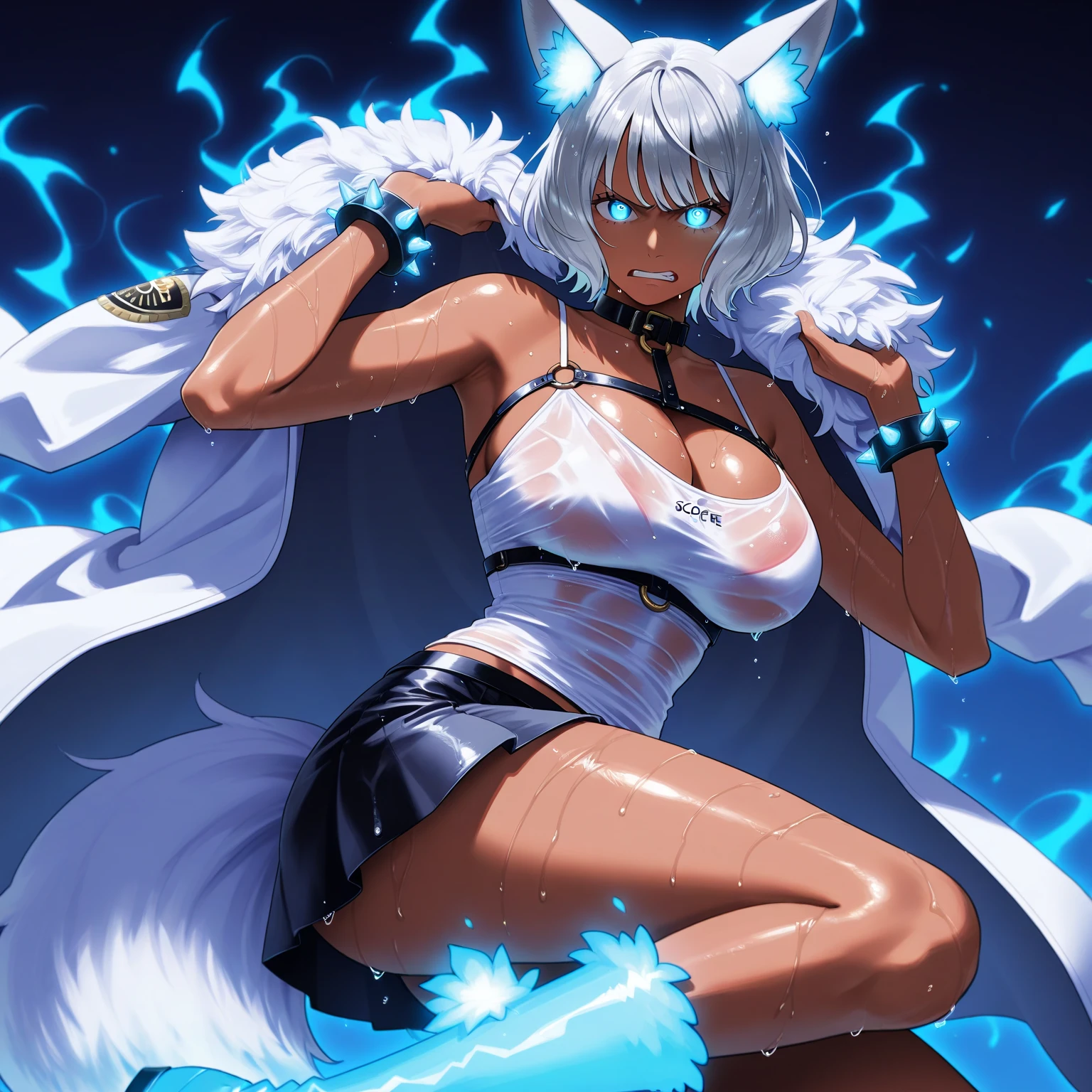 Create a woman she has long straight white hair, 5 white Kitsune tails, has blue eyes, and an extremely serious face, has a well-muscled body with voluminous thighs and medium breasts, make her shirtless showing her breasts with several blue energy tattoos on her body, Your pants are dark, and your muscles are showing, she has a serious look and white fox ears, dark pants