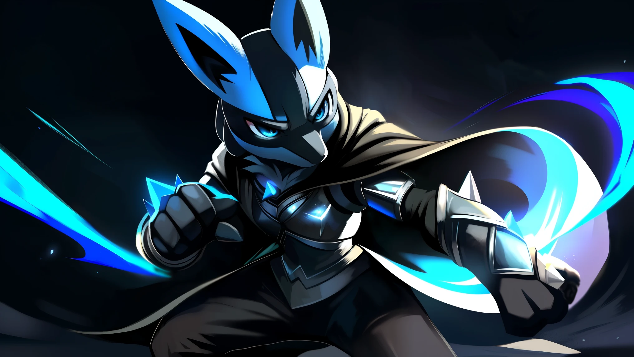 (((Lucario))), male, (((solo))), wolf, chest spike, male, ((blue eyes)), (((black adventurer gear))), ((silver chest armor)), (((long black cloak)), ((black pants)), (black gloves), serious look, fighting stance, standing, blue aura, epic blue aura background, up close. Very good figure, masterpiece, best quality, dark
