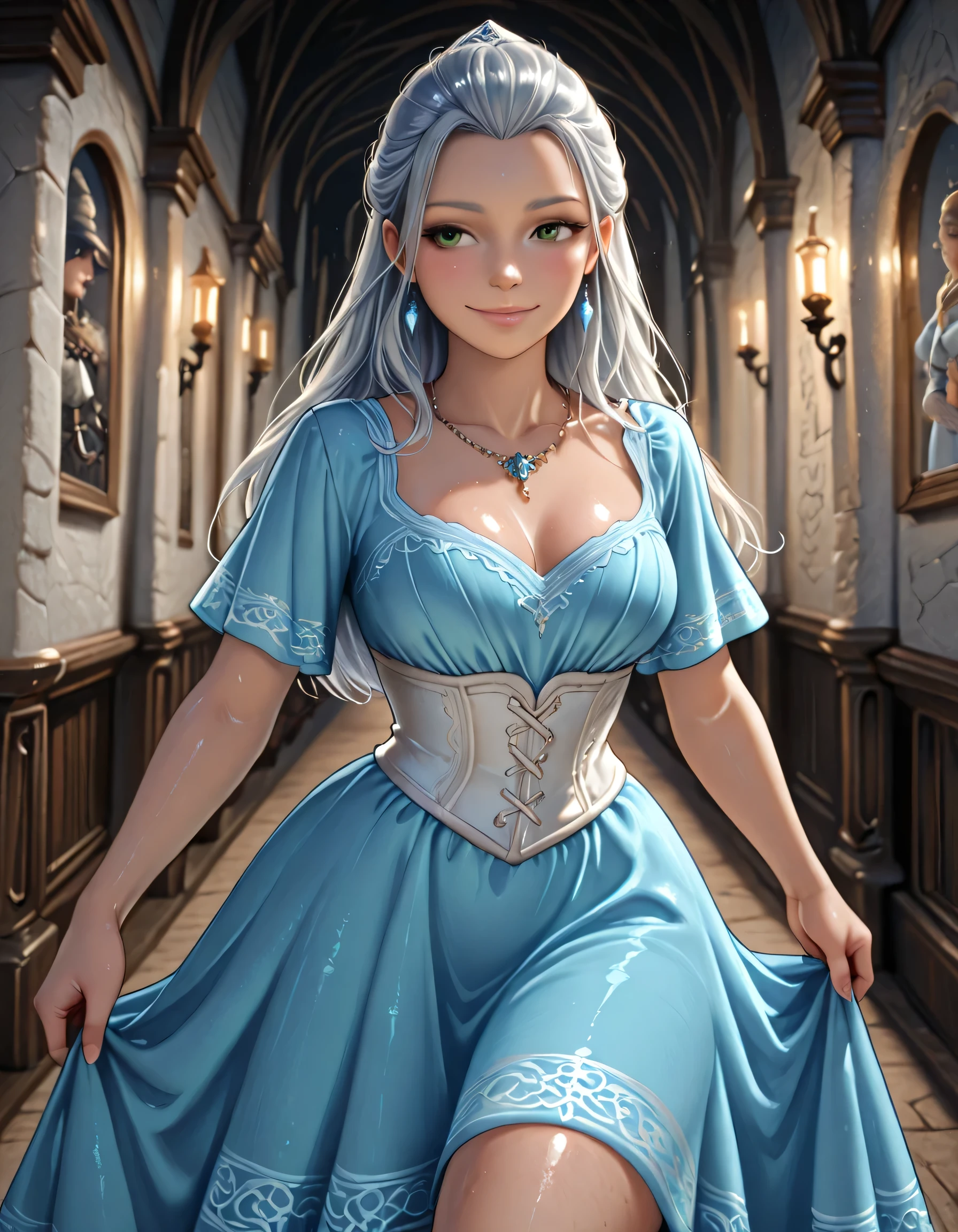 ((Lord of the Rings style art)) | {princess}:((Long silver hair with light blue nuances, green eyes, fair skin, perfect skin, skin shine, oily skin, beautiful and charming woman, curvy body, tall woman with a thin waist, long blue and white princess dress with ruffles on the bust area, blue and white dress with double layer on the edges of the fabric, woman twenty-eight years old, mature woman, white princess high heels, necklace with blue dragon emblem, white corset accentuating the curves, straight and shiny hair, wearing a diamond ring, medium breasts squeezed by the dress, medium thighs, smiling and slender woman, confident look, perfect and pink lips)), ((walking in a castle corridor, distant angle, woman looking at the paintings on the walls, corridor lit by chandeliers)) | ((counter-dive angle, better image quality, richly detailed scenery, realistic art, better eye quality, better shading, better sharpness, richly detailed facial details, medieval fantasy style art))