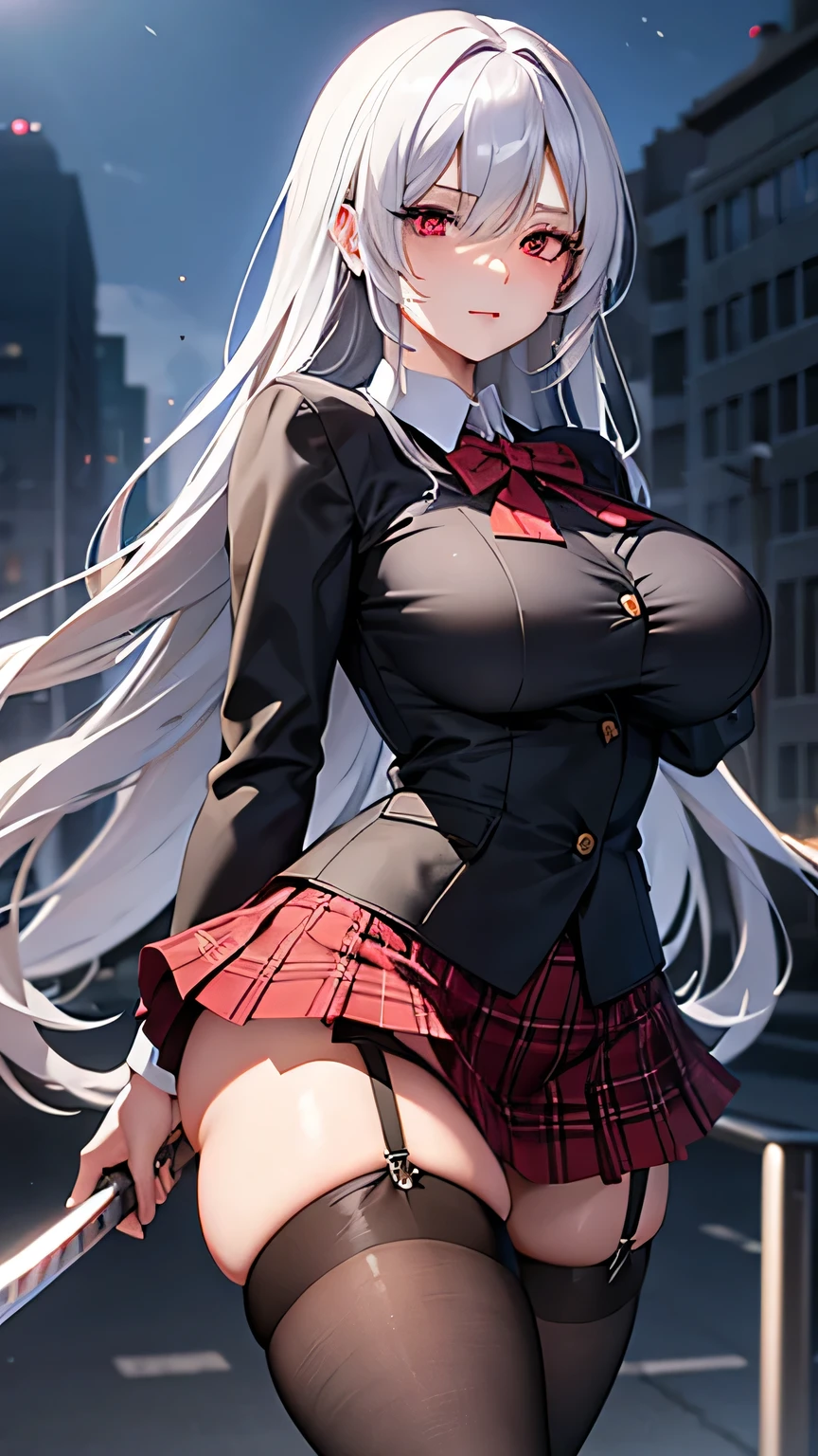 1Woman milf “"Giant breasts" + "large rear" + "wide hips" + " tiny waist" + "plump thighs" + "gray eyes" + "Long black color Hair" + "Red Lips" + "Lucious Lips"”)}, {“Outfit”: big red pointed horns, fangs, black top, red skirt, red pointed nails, black high heels, Reddish lace bow on the thigh