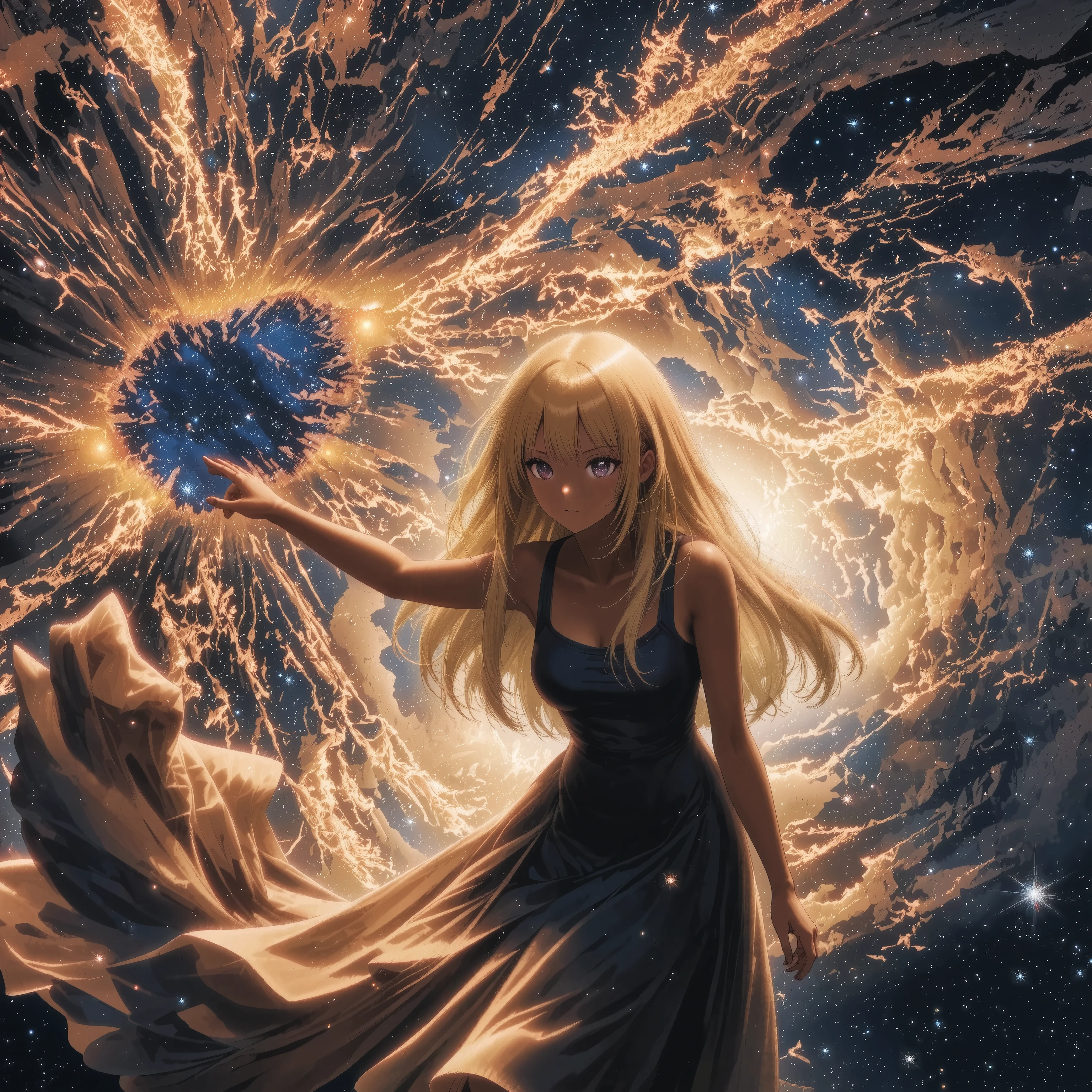 girl staring at the galaxy　+goddess　+Dark Matter Swordsman　+What breaks the laws of physics　+textured brown skin　+[[Toned Arms、solo、beautiful shining cosmic microwave background radiation、（kogyaru）+Crazy Expression  