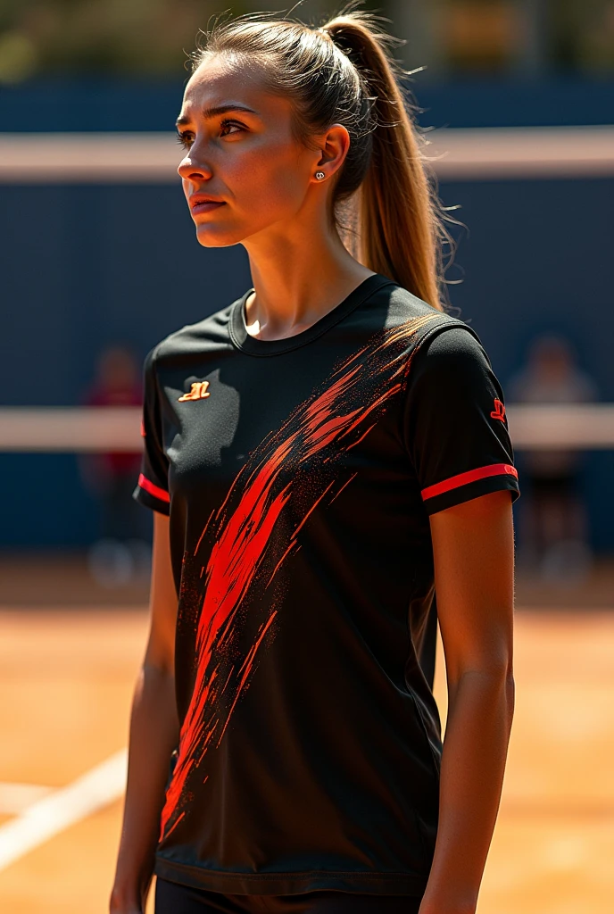 Design a volleyball shirt with navy blue and red colors for girls that is serious in design but at the same time daring with the predominant color being red.