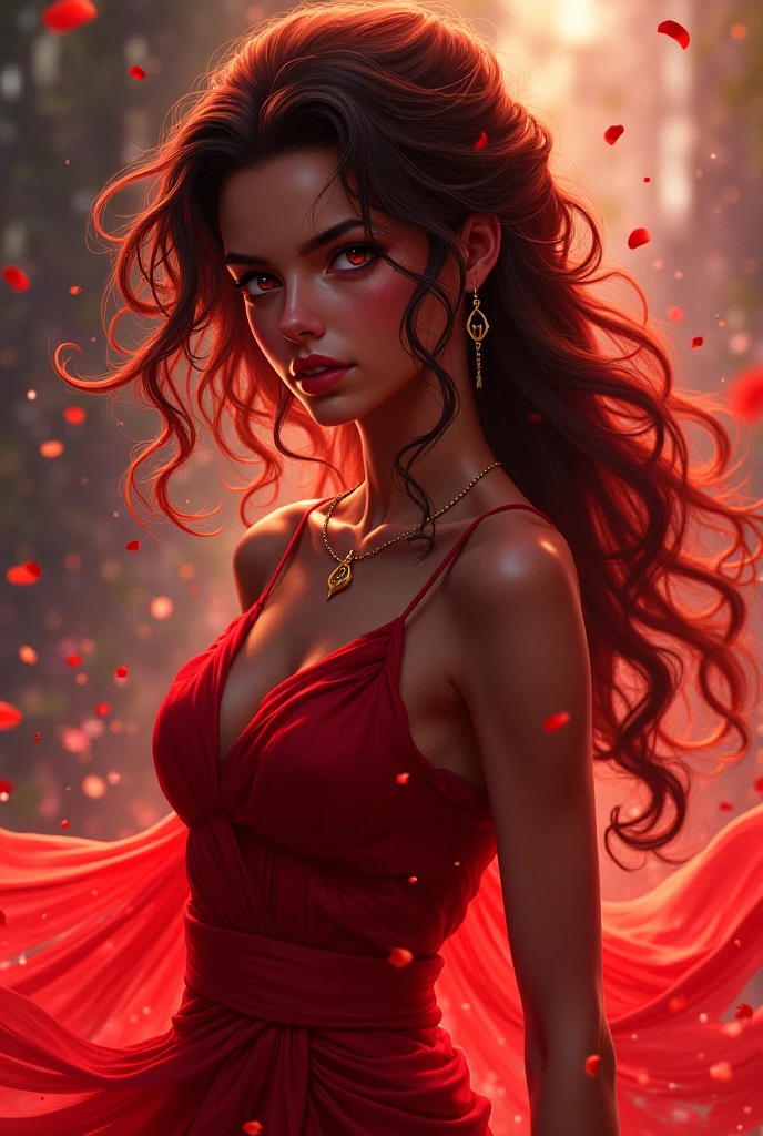 Beautiful brunette woman, 25 years old, stunning body, expressive and clear face, crystal clear eyes, full mouth, long dark curly hair, happy, short red dress with ruffles and straps, large breasts, jeweled gold earrings and necklace, dark background with roses white and red, light for the background, light falling on the hair from behind, perfect hands, a breathtaking image, 8k, HDR.