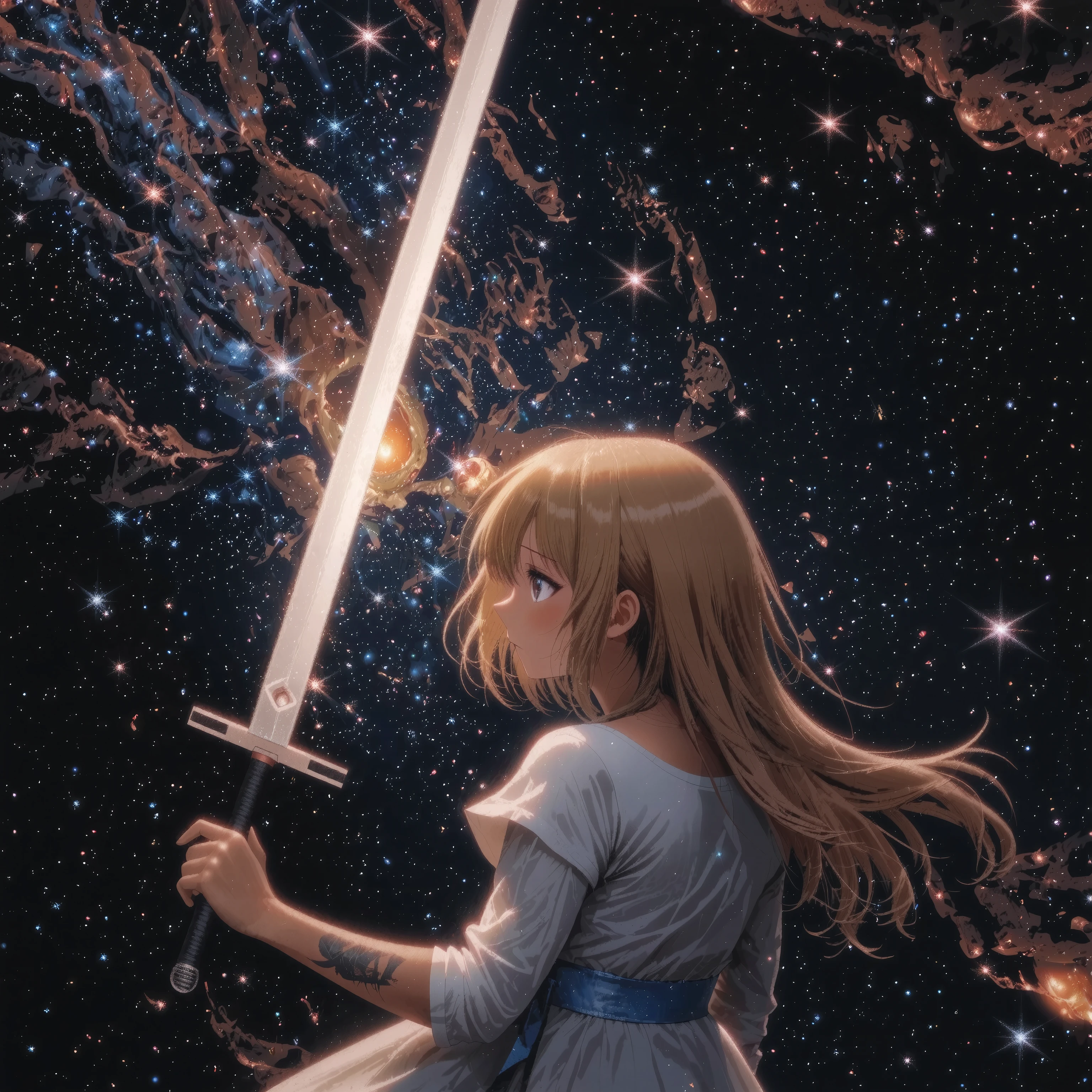 girl staring at the galaxy +goddess +Dark Matter Swordsman +What breaks the laws of physics +textured brown skin +[[Toned Arms、solo、beautiful shining cosmic microwave background radiation、(kogyaru)+Crazy Expression
