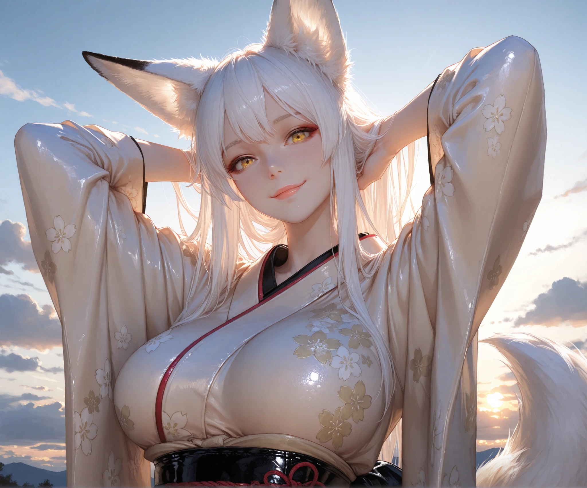(((masterpiece, best quality))), (((superior quality))), cute girl, ((extremely detailed girl)), ((huge breasts)), fox ear, yukata, (bare shoulders), strapless top