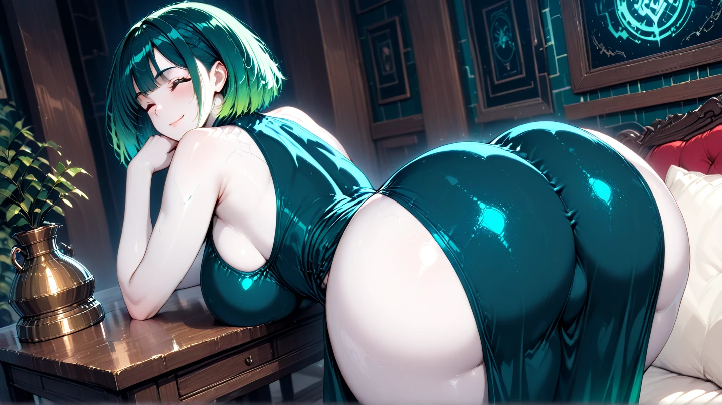 anime girl with green hair and black dress laying on floor next to open book, an anime drawing by Shitao, pixiv, fantasy art, top rated on pixiv, at pixiv, tatsumaki from one punch man, beautiful anime girl,jack-O', bending over, seductive anime girl, the anime girl is crouching, tatsumaki