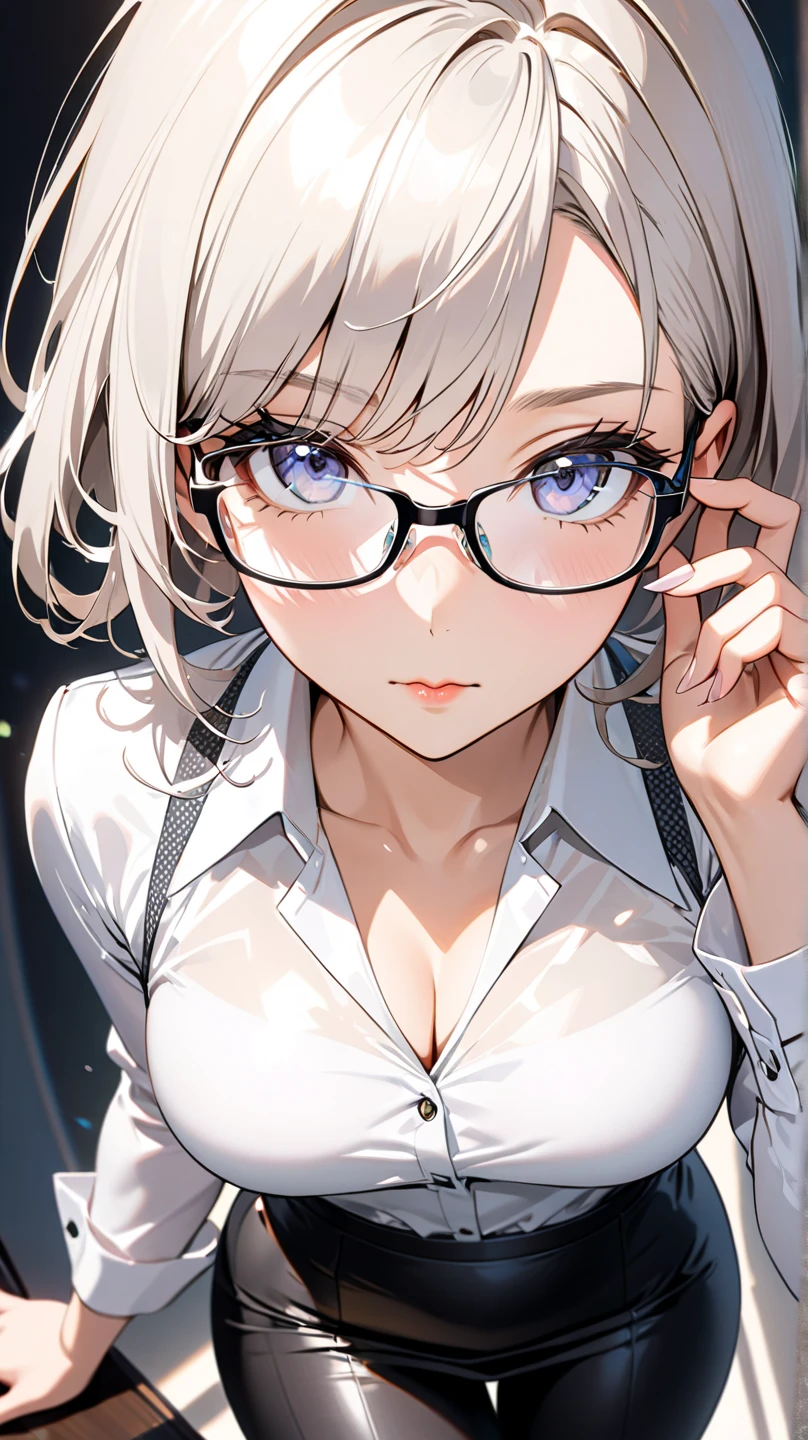 A young woman with white, porcelain skin crouches down in the midst of an upper-grade laboratory, her glasses perched upon her nose as she intently examines a beaker filled with a mystery substance. Her tongue tentatively sticks out, testing the air as she ponders the next steps in her experiment. Sudden excitement takes over as she makes a breakthrough, her mouth opens wide in a grin, displays a hint of drool, and her gaze fixates on the viewer, inviting us to join her in this thrilling discovery. Her sharpfocus glasses reflect the soft, white light of the laboratory, casting intriguing shadows on her determined face. Seemingly unfazed by the momentous feat