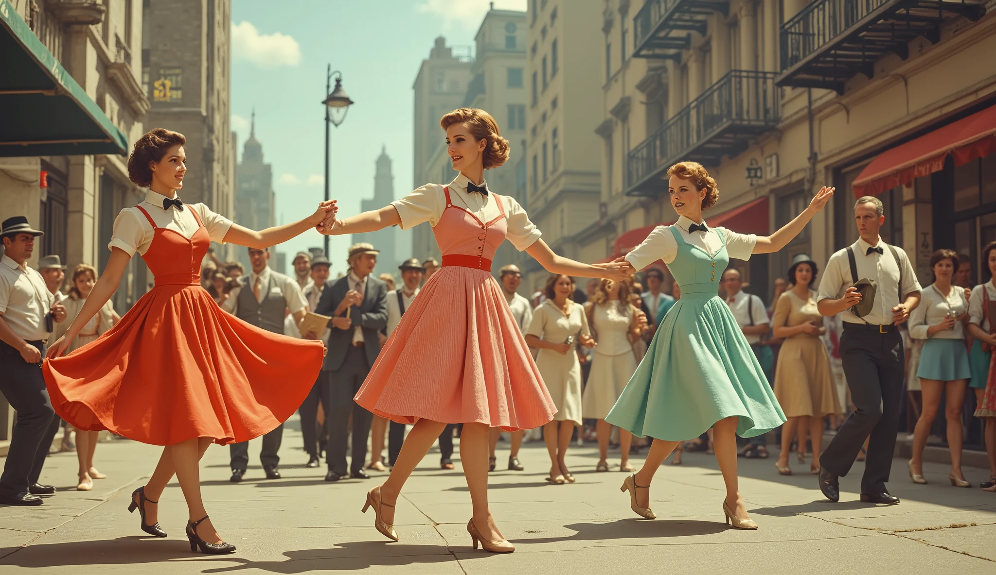 under the sun on the road with nice red car with couple nice girls dancing on the road in front of a bus