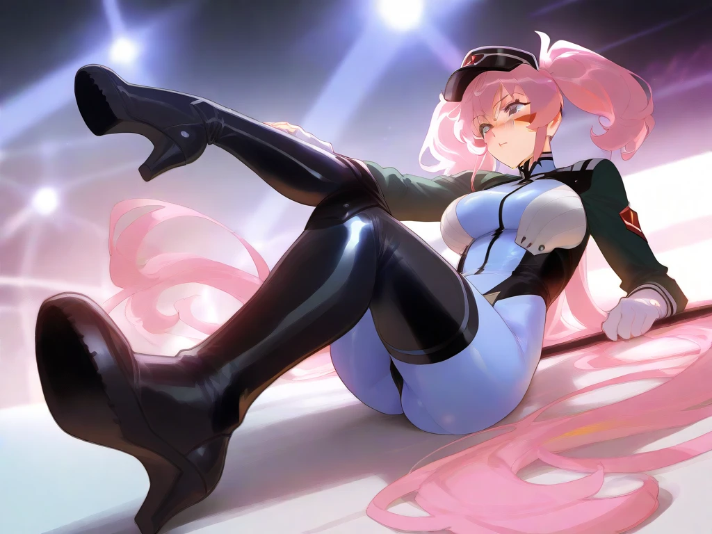 Best quality, solo mature woman, giant breasts, giant ass, very curvy, low ponytail curled at the ends, aqua green eyes, full lips, seductive, smiling, pink frilly slevee top, tiara, tight leggings, sun necklace, sun earring, thick thighs, curvy physique, (wearing a diaper), (diapered), (big plastic diaper), (ABDL), (dominatrix), ((black latex)), (beautiful smile), ((goth)), ((eyeliner)), (makeup), ((satin)), (bright colorful), (playful), (colorful lighting), (blue lightinodern background), (tidy room)