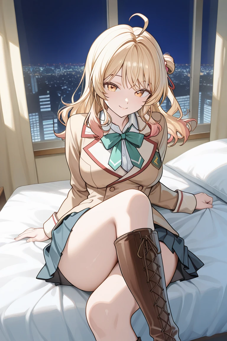 1girl, solo, anime style, purple eyes, green pantyhose, long hair, twin braids, braid, sailor dress, school uniform, brown hair, necktie, white dress, hair ornament, surprised, blush, embarrassed, panties, panty peek, accidentally exposed, sitting, looking at viewer,