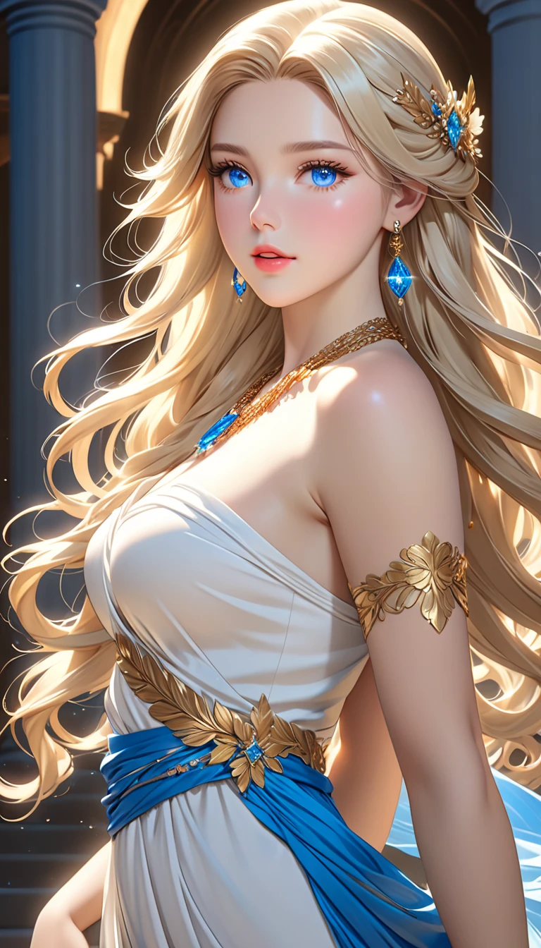 "A beautiful blonde princess with long hair stands gracefully in the grand courtyard of Camelot, the capital of Albion Kingdom. She is adorned in a stunning medieval-style gown made of luxurious velvet and adorned with intricate gold embroidery. The courtyard is bustling with people, surrounded by grand stone buildings and lush gardens. The princess performs a traditional dance, her movements elegant and refined. Banners with the kingdom's emblem flutter in the breeze, and the crowd watches in awe, clapping and cheering. The scene is illuminated by the bright afternoon sun, highlighting the princess's radiant smile and the vibrant colors of her attire.",(((Upper body)))