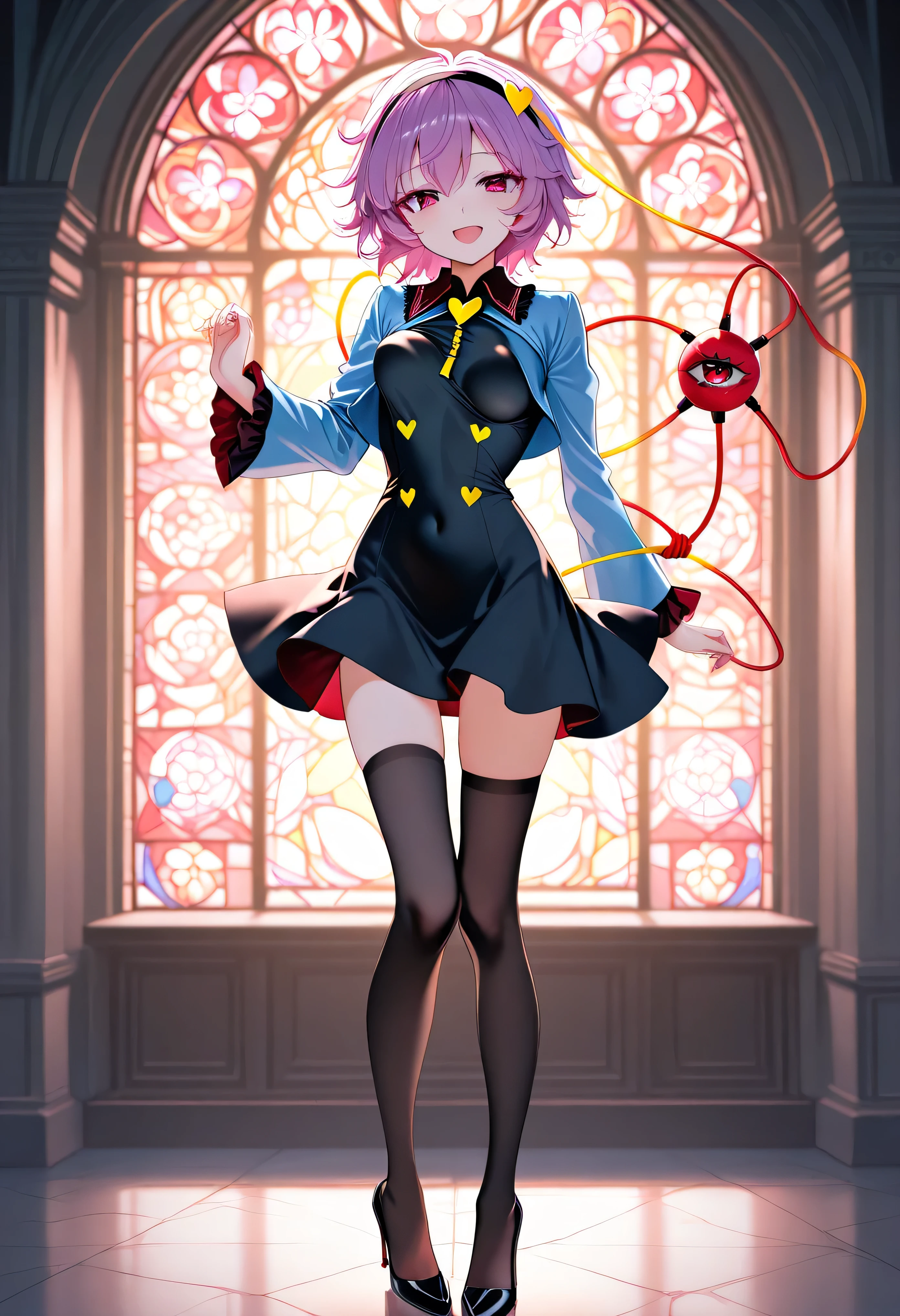 (score_9), komeiji_satori, longlegs_v0.22_pony, solo, (1 skinny girl standing), (petite small girl), BREAK, (cropped coat:1.2), (black short dress:1.2), thigh gap, (groin), black thighhighs, stiletto heels, BREAK, looking at viewer, {smile:0.2}, {open mouth:0.2}, (bouncing unaligned breasts:1.1), BREAK, (too short torso:1.2), (too narrow waist:1.2), (too short waist:1.2), (covered large nipples), BREAK, stained glass