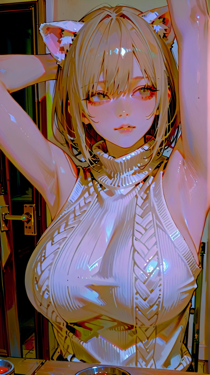 ((fujiwara chika)), ((pink hair)), black ribbon on the head, ((arms behind the head)), ((showing armpits)), long sexy skirt, large breasts, deep neckline, smiling, sexy, (((topless))), 8k, high quality, detailed, realistic, photo-realistic, masterpiece, professional, vibrant colors, cinematic lighting