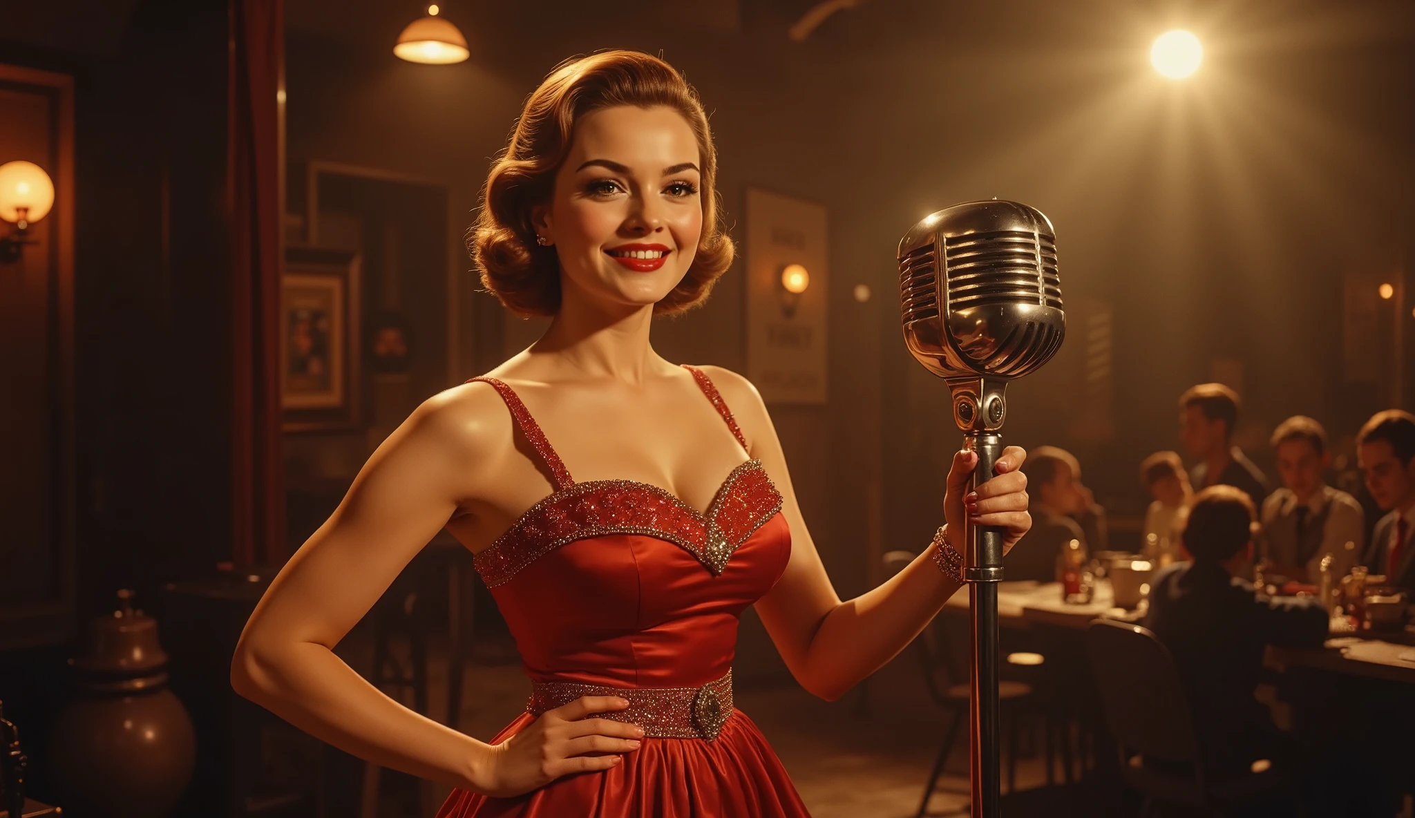 A woman in a ruby red vintage dress stands center stage at a 1940s jazz bar, one hand on a classic chrome microphone, the other resting on her hip, smiling confidently toward the camera, smoky spotlight behind her, seated audience in the dim background, deep shadows and amber tones