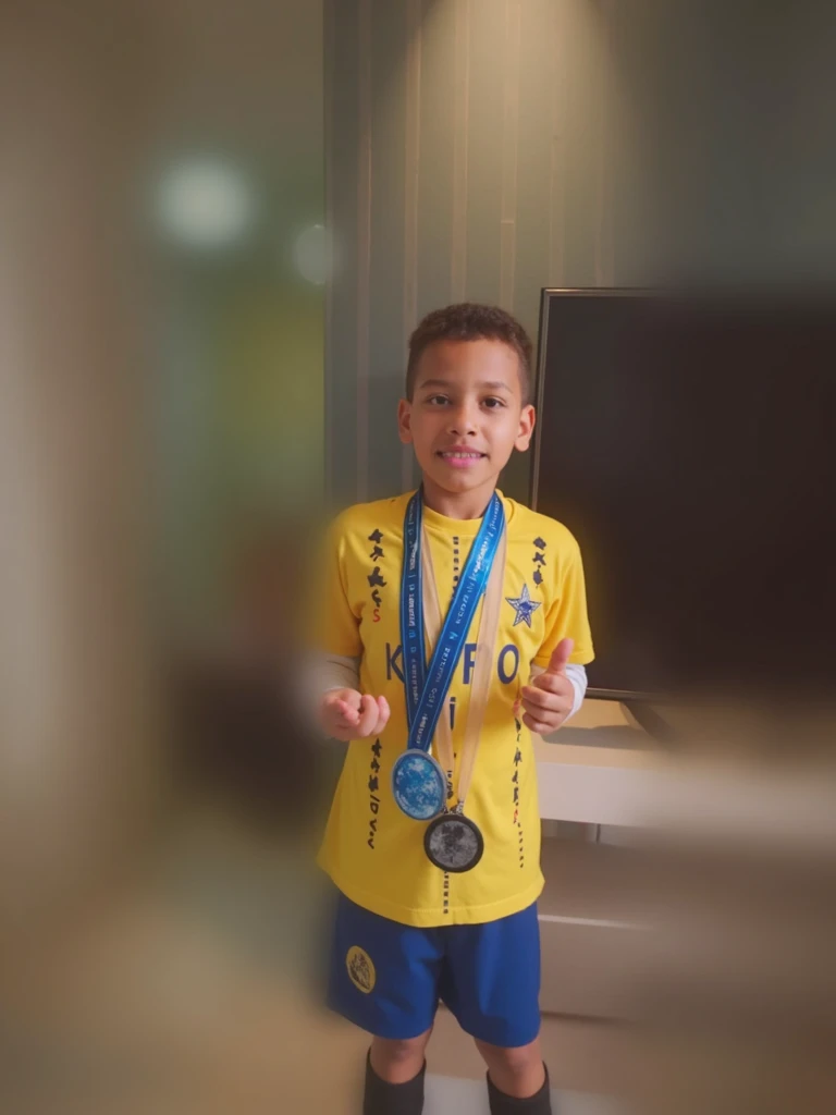 Arafed boy holding a trophy in a room with people, headset