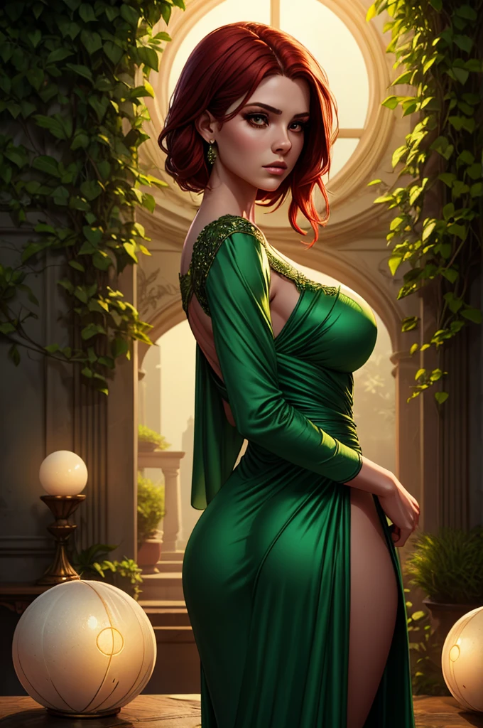 ,exotic Icelandic girl, sitting on a table, bright auburn hair, slender, mint green micro dress, fantasy art, concept art, sexy pinup, highly detailed, high quality, 8k, delicate features, feminine, seductive, warm soft lighting, (style of howard chandler christy:1.0), (art by jean-joseph benjamin-constant:1.3)

