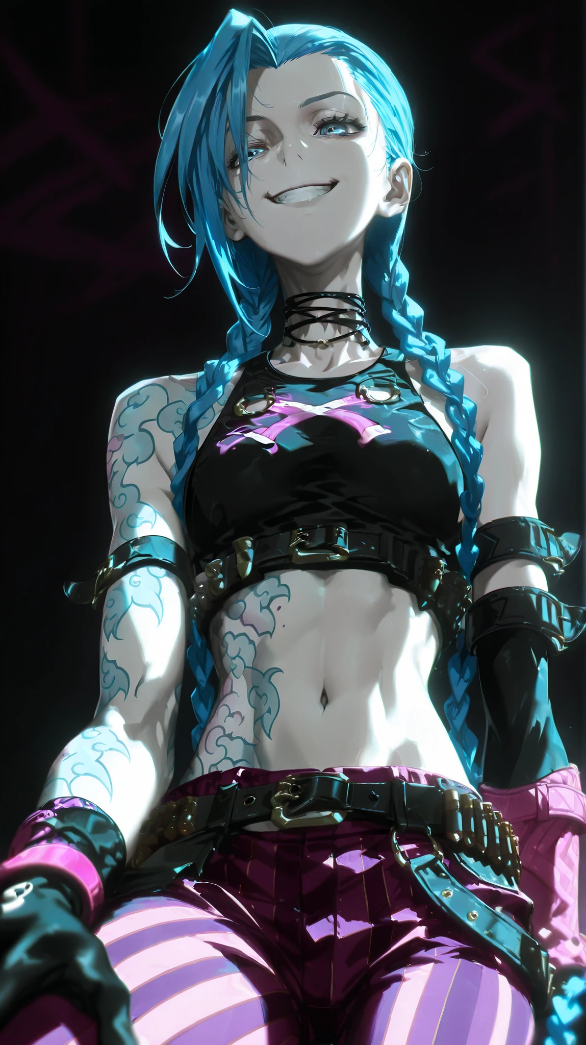 jinx, blue hair, pale skin, choker, smile, blue eyes, long blue twin pigtails, tattoo,crop top, sleeve, armbands, purple striped pants, gloves, belt, 1girl, solo, alone,dark_art_style, masterpiece, highres