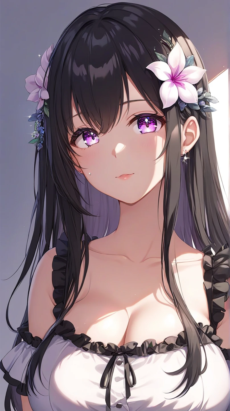 masterpiece, best quality, highly detailed, 1girl, solo, giclorinde, purple eyes, (large breasts:1.3), (mature:1.2), hair between eyes, long hair, dark blue hair, earrings, (black bra:1.3), (black choker:1.2), grass, flowers, outdoor, day, upper body, closed mouth, shaded face, angry, disgust, <lora:clorinde-08:1>