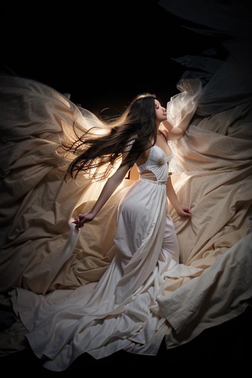 Girl, ballet, see-through silhouette, white dress, on red room, best quality, masterpiece, high detailed, 8k, dynamic pose, cinematic lighting, dressart, dancing, ballet shoes, black long straight hair face detailed, beautiful face