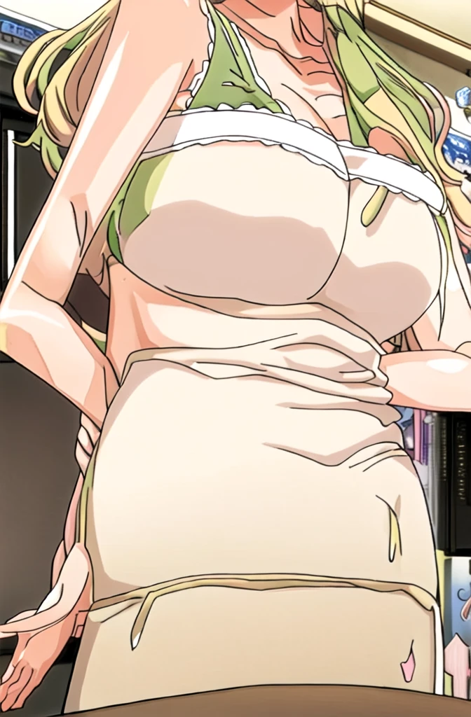 mio, 1girl, solo, breasts, blonde hair, multicolored hair, red eyes,large breasts, cleavage, long hair, thighhighs, indoors, bedroom, obese, obese belly, lying on bed, topless, Green panties, sexy, sexy face