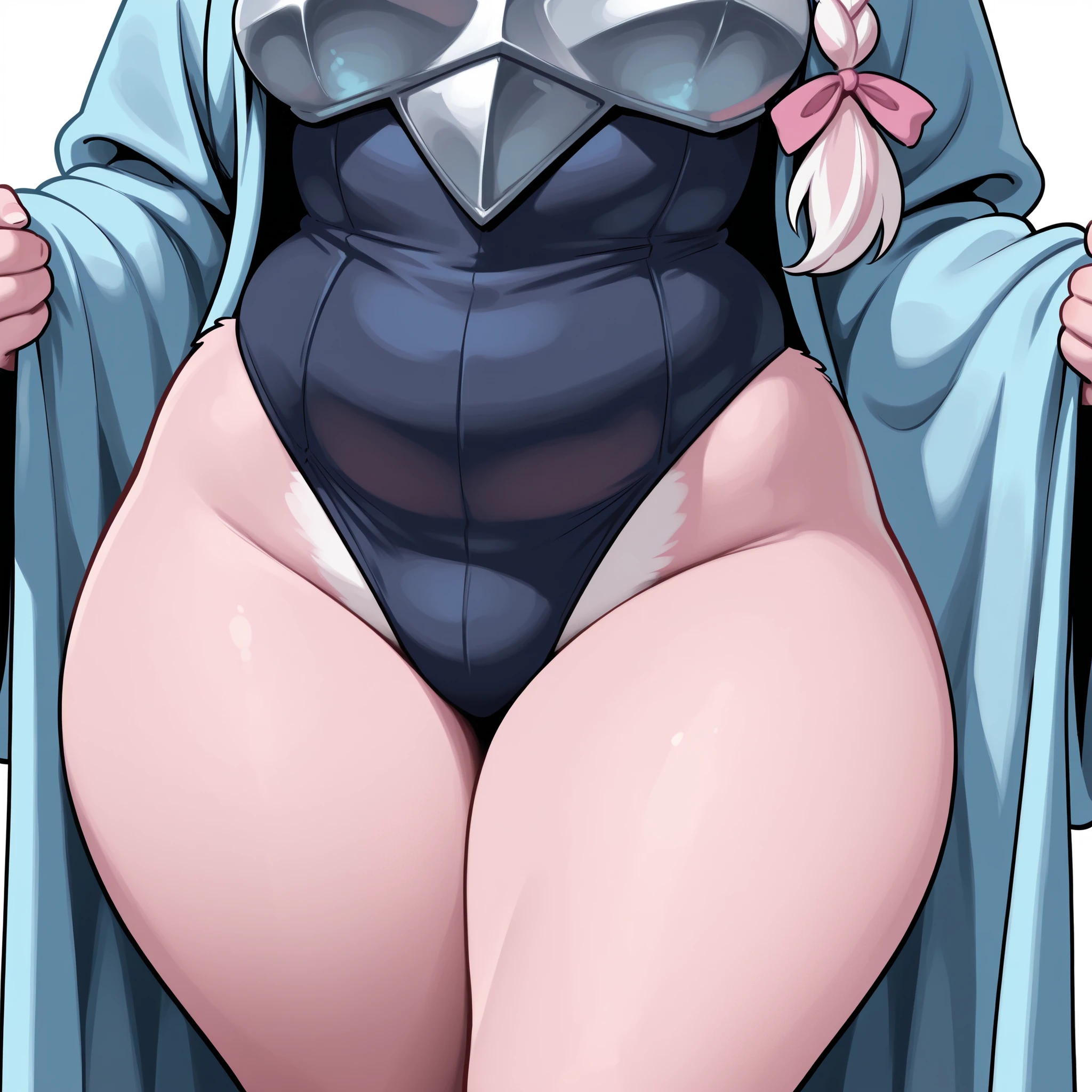 masterpiece, best quality, amazing quality, anthro bunny, female, (solo), big blue eyes, big eyelashes, white fur, medium breasts, hopeful, kind, gentle, shy, small hands, wide hips, looking at viewer, young, looking at viewer, (medium white pink hair), single braid, (dark blue one-piece suit), white background, (baggy light blue wizard robe), plantigrade, (large pink ribbon on hair), (bunny ears), portrait, face focus, silver chest armor, chubby thighs, bare thighs, from side