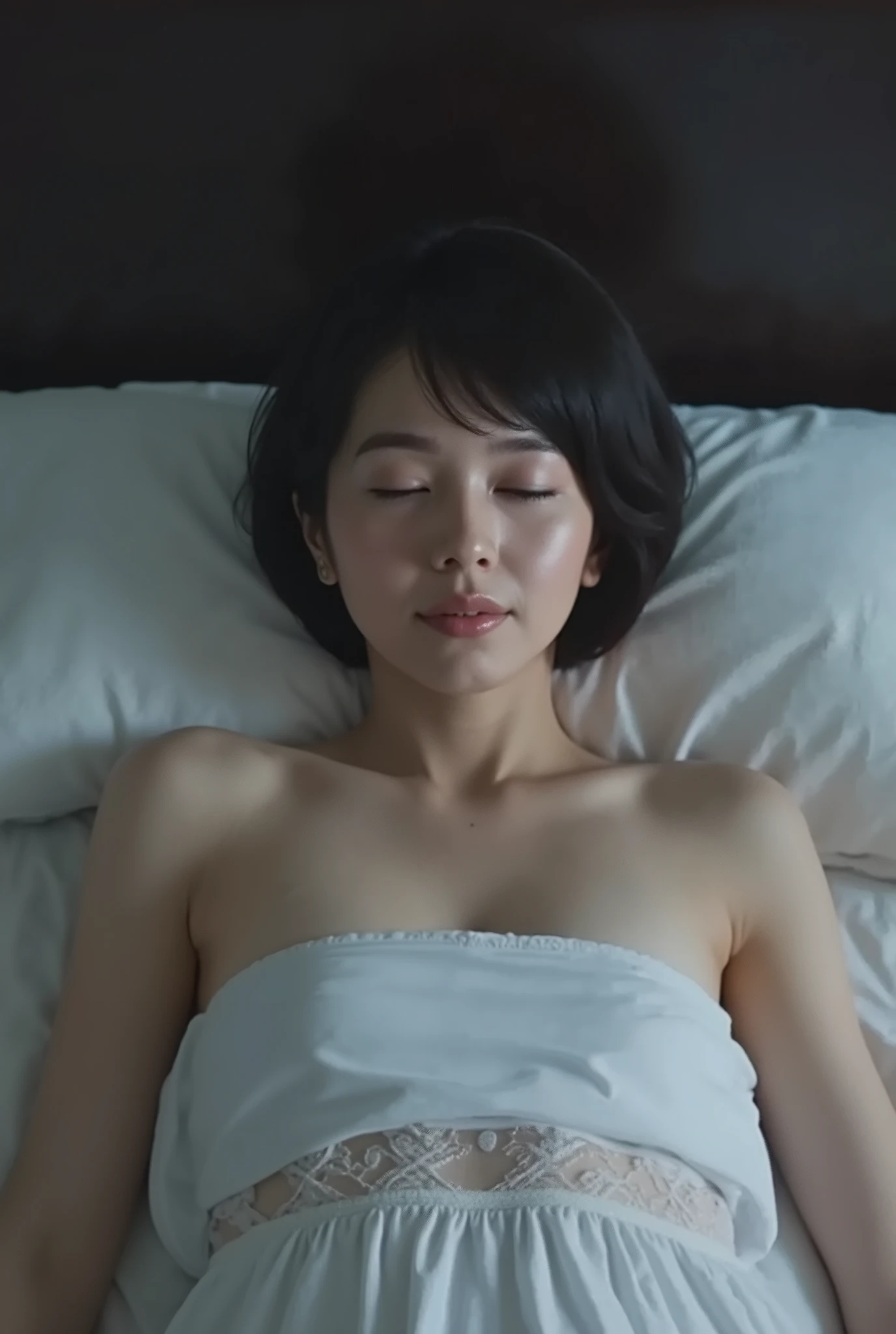 (( Best Quality )), ((masterpiece)), ( details), Japanese woman, first person view , the woman is sleeping on her back , sexy,( in the bedroom),((( abnormally large breasts , Dark colored underwear, short bob hair))), black hair , (( without makeup, small eyes))