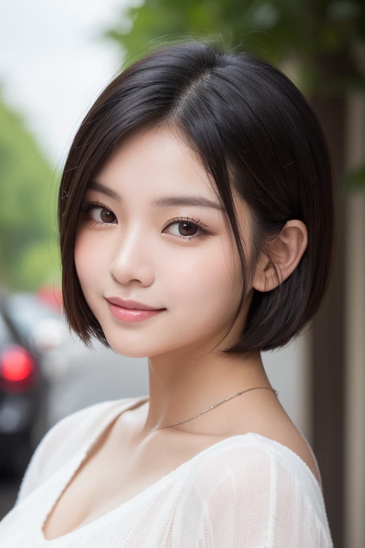 (masterpiece:1.3), (8k, Photorealistic, Raw photo, Best image quality: 1.4), Japanese 、Cleavage:1.2、Super detailed face、Attention to detail、double eyelid、Put your chest together、Sharp focus:1.2、Beautiful woman:1.4、Black Hair、highest quality、masterpiece、超A high resolution、(Photorealistic:1.4)、Highly detailed and professionally lit smile、Shoulder out、thin、Serious expression、Short-haired、Deadly position、Lower your eyes、、white T-shirt、Shooting from a distance, arms at sides,