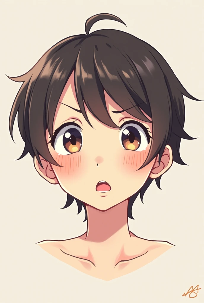 A six-year-old girl with dark red hair and dark brown eyes wearing nothing, naked