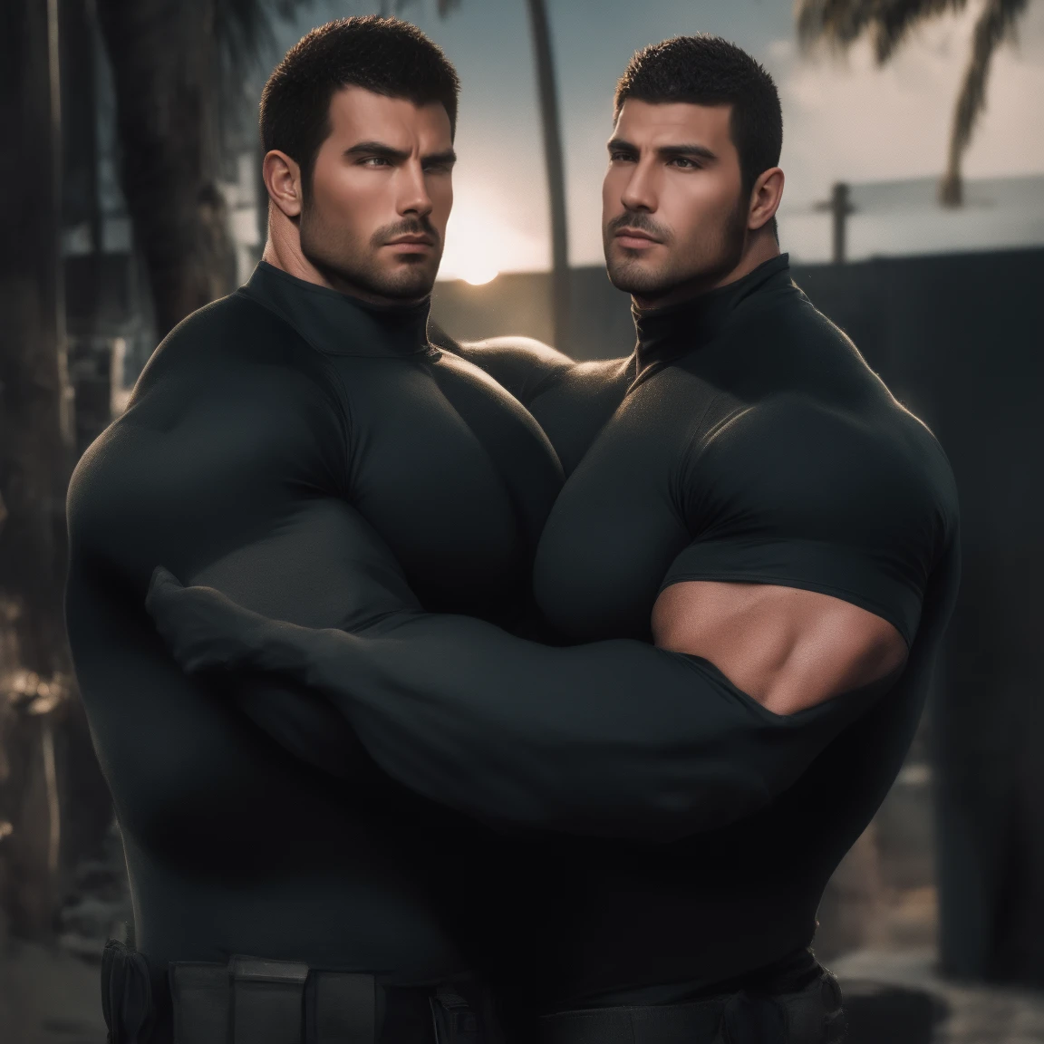 an exaggeratedly muscular and large bodyguard, grizzly old man, (bald: 1.2), beard, tan skin, (scars on face: 1.1), (suspicious expression: 1.1), (wearing black collared shirt: 1.2), unbuttoned, pants with belt, (crotch bulge: 1.2), (bara pecs: 1.3), (hairy chest and forearms: 1.2), portrait HD, in the jungle.