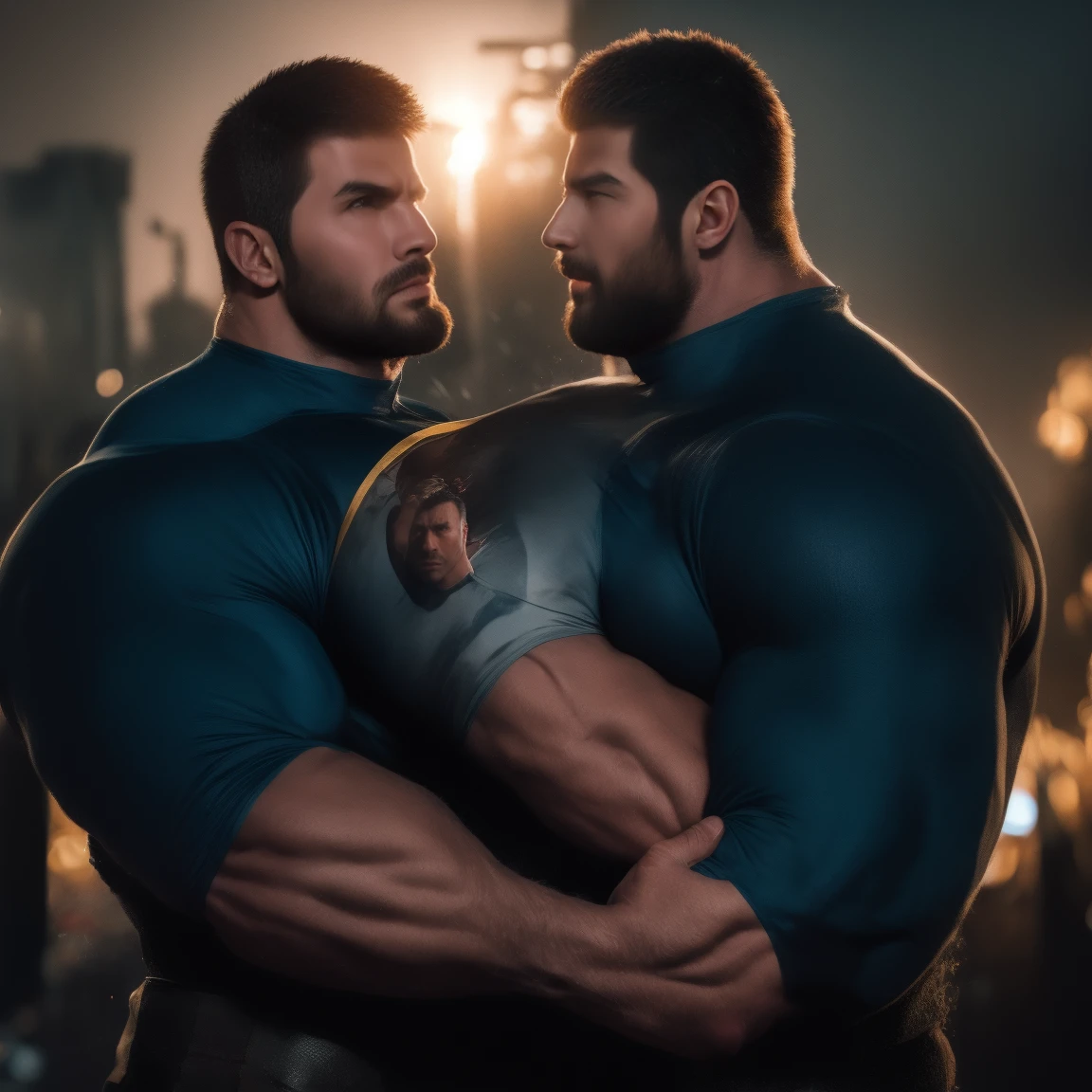 2 man, masterpiece, best quality, highres, face close up shot, ultra detailed, ((wide angle)), middle-aged men, daddy, hunk physique, beefy, burly, manly, really tall, black hair, short hair, beard, hugging and kissing each other, smilling happily, sexual, romantic, wearing black and white tanktops, black shorts, one man wearing glasses, ultra detailed, detailed face, night time, skycrapers, incredible composition, HDR, volumetric lighting, shadows, aesthetic, night concert in the background