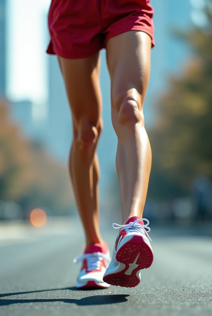 A model running and wearing sneakers, showing only the feet.