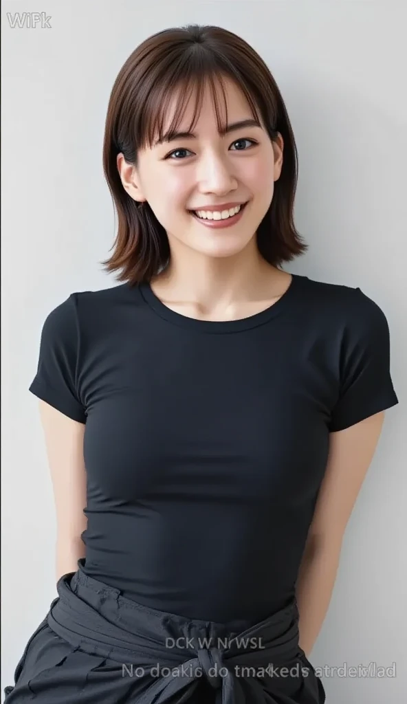 A professional high-resolution upper body photograph of Kotono wearing a dark tshirt, detailed skin, female focus, SFW, smiling <lora:Kotono_of_BikinisTokyo:1>