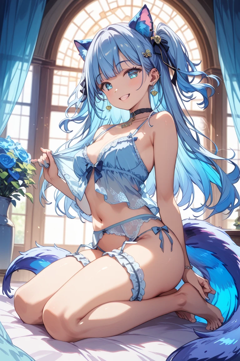 Beautiful and sexy cat girl in her room. Chica gato en ropa interior dentro de su cuarto.Chica gato con cabello azul oscuro y brillante con una sonrisa burlona en su rostro.tetas intermitentes