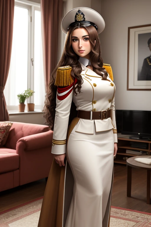 ((masterpiece)), ((best quality)), (digital painting), ((photorealistic)), wide angle shooting, beautiful, sexy woman, brown eyes, long hair, eyebrows, facial details, wearing a royal uniform, (( red_jacket, epaulettes)), cleavage, British army officer, tight white trousers, sexy, outdoors, sweet smile, perfect body anatomy, complicated soldier uniform, hips, big thighs, cowboy shot, facing the viewer, background , parliament building, Royal Palace, luxury, sky, clouds, (super, high detail), professional photographer (hyper detail), depth of field, sharp lighting, focus, (intricate detail), ultra UHD, 16k 