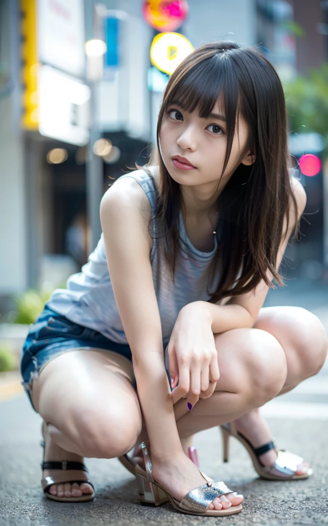 NSFW、1人、on tokyo street、A city scape、Downtown at night、neons、The signboard is dazzling、The upper part of the body、a closeup、A smile、、(8K、Raw photography、top-quality、masterpiece:1.2)、(realisitic、photoRealstic:1.37)、Highly detailed eyelash drawing、(((Top image quality))),Colossal tits、slender。Fine skin, (Beautiful hair), (Perfect Anatomy), (Realistic), Look、top-quality、hight resolution、(((full body Esbian)))、Denim Tight Shorts、Short T-shirt with stomach visible、(high-heels)