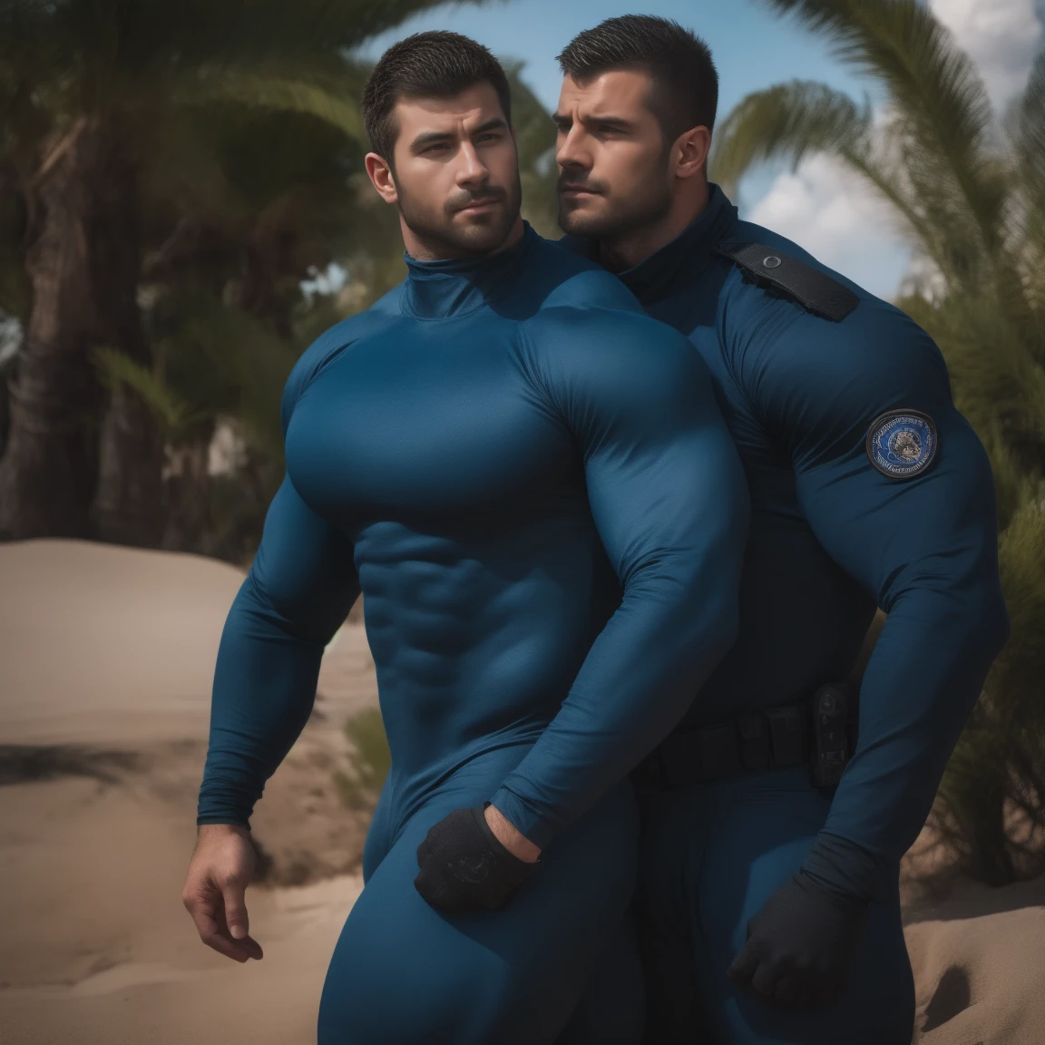 full body view, two young famous white european handsome bodybuilt athletes males with clean shaved styled undercut haircuts in white tight lycra fullsuit, white lycra socks, no shoes, admiring each other's monstuously over-inflated bloated round swollen pecs, in motel bedroom. Their white socks are visible