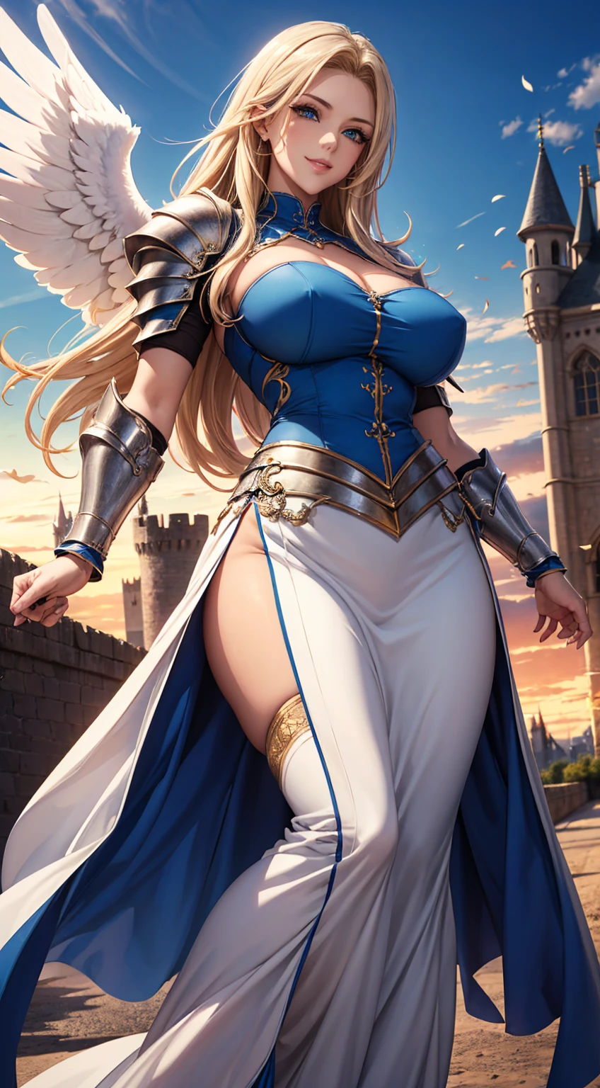 Blonde with huge breasts，Queen，white knight armor，Blue dress，Bare legs，iron boots，Standing,castle