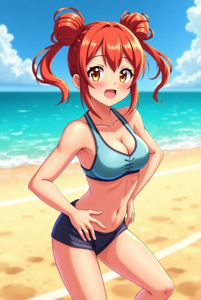 (((masterpiece、Highest image quality、highest quality、highly detailed unity 8kwallpaper)))、((Illustration of one girl))、(((beautiful girl)))、((orange hair、side ponytail、sidelocks:1.4、orange eyes))、(((stocky build, thickset physique:1.3, muscular legs, broad shoulders, solid chest:1.3、orange hairy armpits:1.4)))、(armpit hair:1.4)、swimsuit、sandy beach