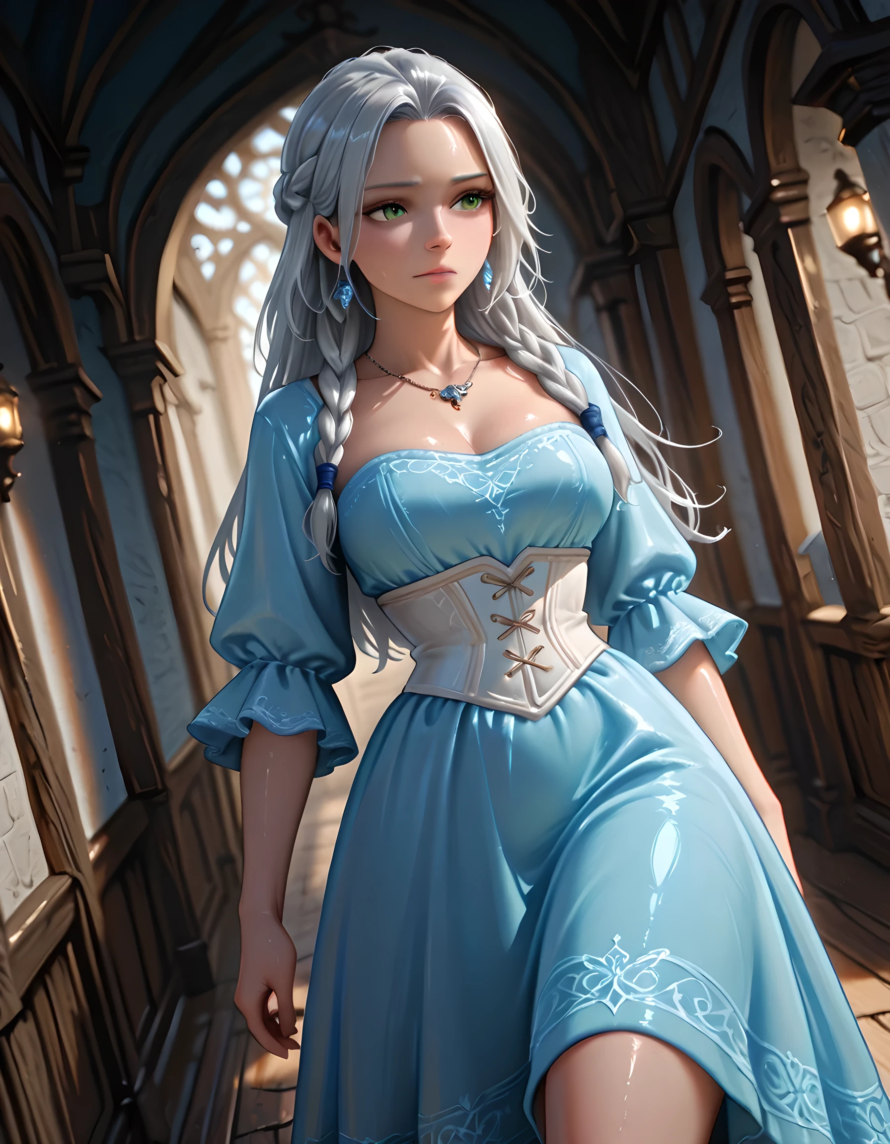 ((Lord of the Rings style art)) | {princess}:((Long silver hair with light blue nuances, green eyes, fair skin, perfect skin, skin shine, oily skin, tall woman with a thin waist, long blue and white princess dress with ruffles on the bust area, blue and white dress with double layer on the edges of the fabric, woman twenty-eight years old, mature woman, white princess high heels, necklace with blue dragon emblem, white corset accentuating the curves, straight and shiny hair, hair with braids falling over the bust, wearing a diamond ring, breasts squeezed by the dress, medium thighs, indifferent look, perfect and pink lips)), ((walking in a castle corridor, distant angle, woman looking at the paintings on the walls, corridor lit by chandeliers)) | ((counter-dive angle, better image quality, richly detailed scenery, realistic art, better eye quality, better shading, better sharpness, richly detailed facial details, medieval fantasy style art))