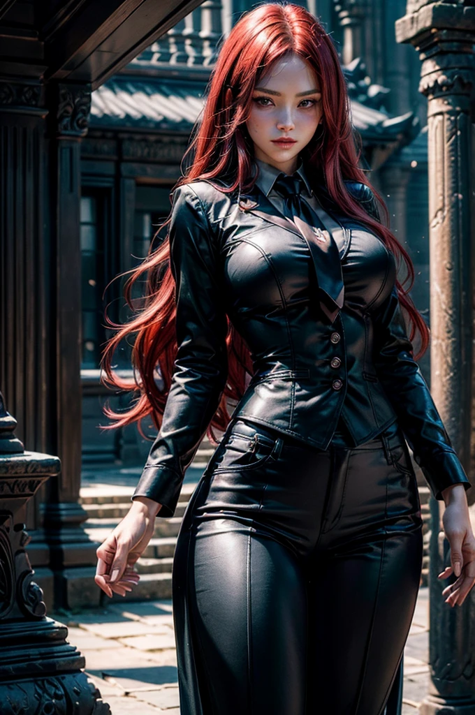 masterpiece, gothic aesthetic, dream atmosphere, Ultra realistic, red-haired girl, seductive leaning forward detailed skin, pale-white (highlighted) skin, ultra realistic, 16k, high quality, picture-perfect, flawless, clean, masterpiece, professional artwork, detailed artwork, cinematic lighting, cinematic bloom, realistic shading, (long red hair)),(1girl, beautiful korean girl),perfect face, (young:1.1),((fit figure)),((25 year old)), beautiful face, beautiful turquoise-blue eyes (cute eyes look), detail eyes, detail face, (((perfect female body, narrow waist))),(large breasts:1.3)lora:GoodHands-beta2:1>, , ((girl standing)),upper body, black shirt and jeans skirt clothing (realistic texture), blade to side, strike pose,blade down,blade right hand,, gothic garden,, blurred background (masterpiece, best quality, high quality, highres, ultra-detailed), different poses at different angles.