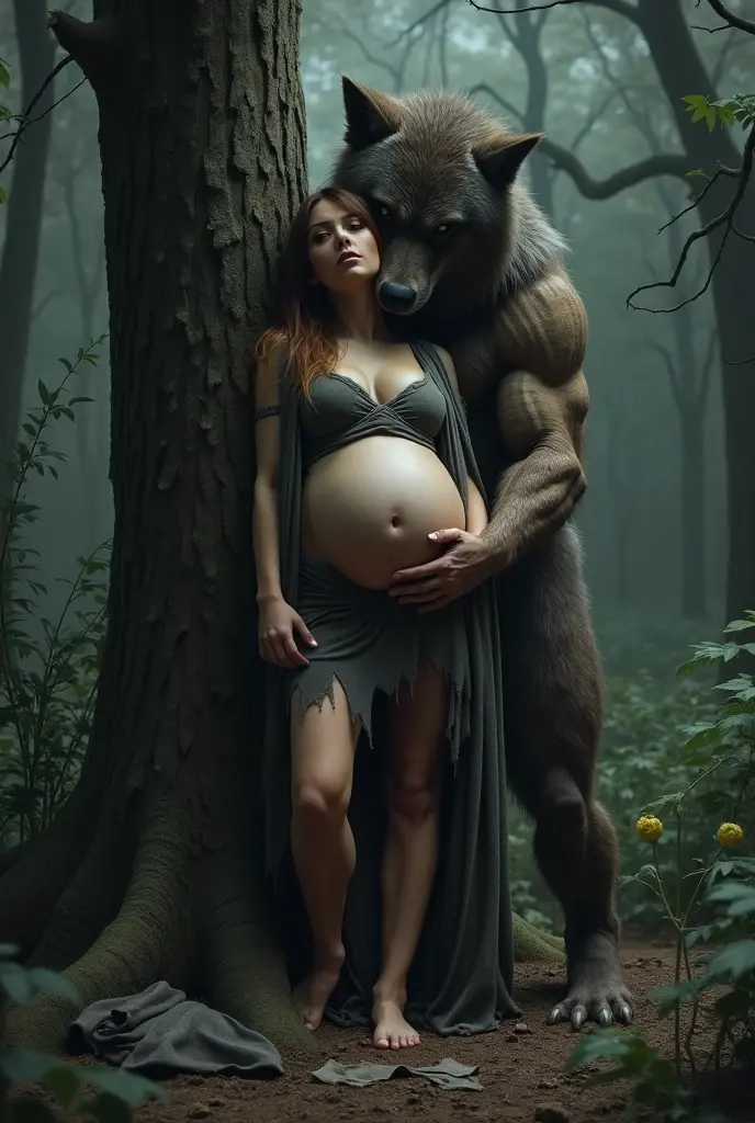 Accidentally pregnant by an alpha (wolf werewolf man black wolf big green eyes) an extremely handsome man with a defined body and green eyes with short black hair furious with predators who come close to his pregnant mate a beautiful woman with strawberry blonde hair and amber eyes wearing a white dress somewhere