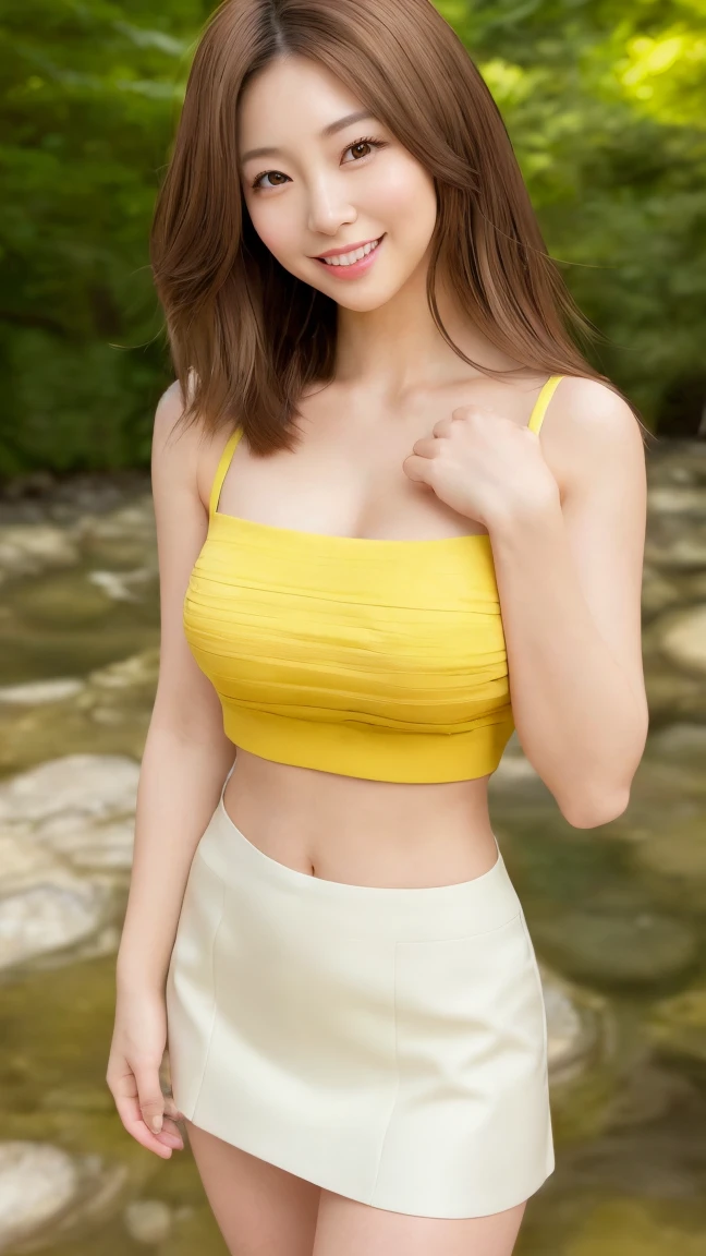 highest quality, 4K, 8k, Detailed face, Nico Robin, Beautiful girls, Korean Makeup, Red lips, smile, Perfect body, Orange Hair, ((Big Breasts:1.3)), thigh, alone, View your audience, long and silky hair, Her outfit: Orange Trout Long Sarong Dress, The sides of the salon are decorated with red and yellow flowers., A ruffled sarong skirt that flatters the hips, Short sleeve navy blue leather vest, Partially zippered V-neck shirt, , Coconut tree beach landscape,