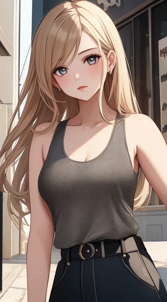 (Best quality at best,4K,A high resolution,tmasterpiece:1.2),ultra - detailed, Outdoor scene with 1girl, Blonde hair, with long coiled hair, With gray eyes, and medium. The girl in the white jacket, Collar, tank top and jeans. The scene is set in a beautiful garden，flowers blooming，The grass is luxuriant. The sun casts a warm glow on the girl&#39;s face，Illuminates the surroundings. vibrant with colors，Rich texture, Create visually stunning images, (lusty  smile), looking at viewert