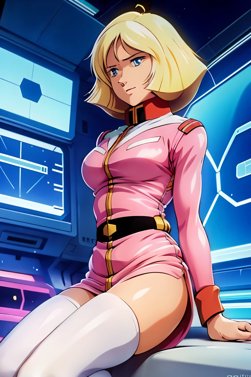 (1 girl, Sayla Mass, elegant), doing a sexy genital pose、bending waist、woman's whole body、see the beholder, mature woman, bright smile、blush、expression of ecstasy、erotic、charming、Charm、bob short、bangs、shiny blonde hair、blue eyes、long, well-shaped eyelashes、perfect eyes、Slender eyes、glossy pale pink lips、(Plump slender body of a mature woman、plump body:1.3、shiny skin、Beautiful big breasts:1.1、thin waist、Beautiful butt、Thick thighs、beautiful long legs)、perfect arms、perfect hands、perfect fingers、perfect body shape、perfect anatomy、(Army pink uniform dress with short super uper miniskirt You can see the pants in the miniskirt, lilac lace shorts、Bright red long boots)、sweaty、sweaty、 steam、steam、cowboy shot, no gravity, figure, Bright colors, background is blurred、highest quality, disorganized, good quality、Realistic, ultra high resolution, masterpiece、HDR、UHD、8k