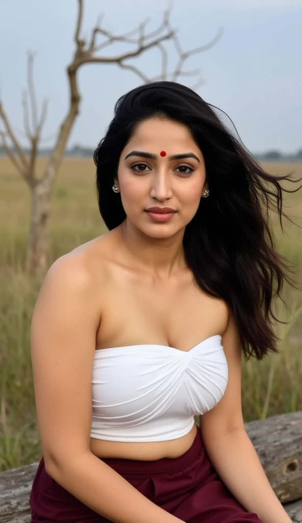 hires body close up photo of a woman, Shraddha Kapoor, outdoors, realistic skin texture, smiling, looking looking at camera, bikini blouse , simple white stucco background ,marathi girl, waist chain